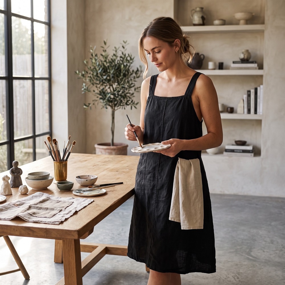 Minimalist Fog Linen Work Pinafore Apron Dress Black 100% Linen Pockets Layering